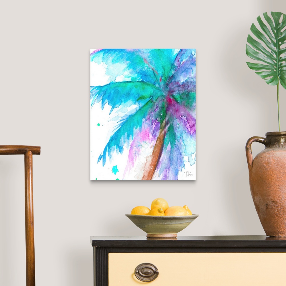 A traditional room featuring Watercolor painting of a big palm tree with green, blue, and purple branches on a white background.