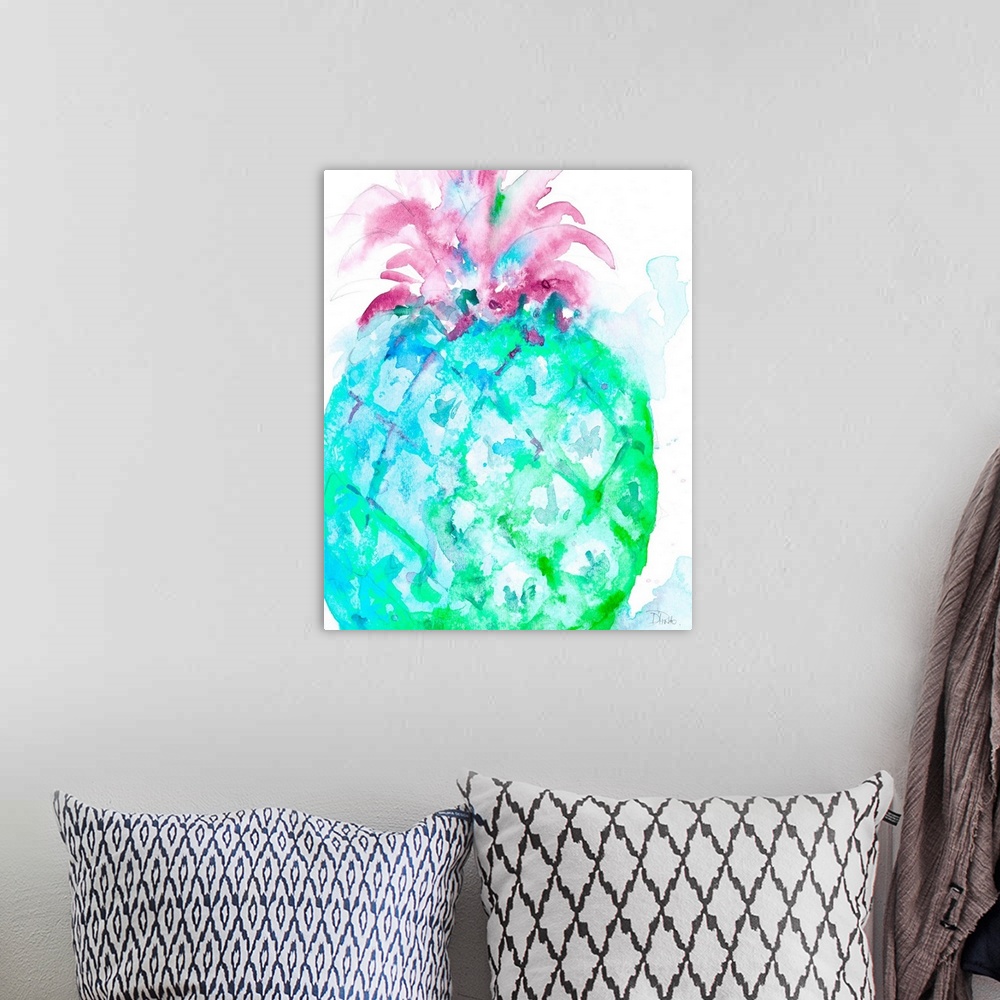 A bohemian room featuring Watercolor painting of a giant blue, green, and purple pineapple on a white background with some ...