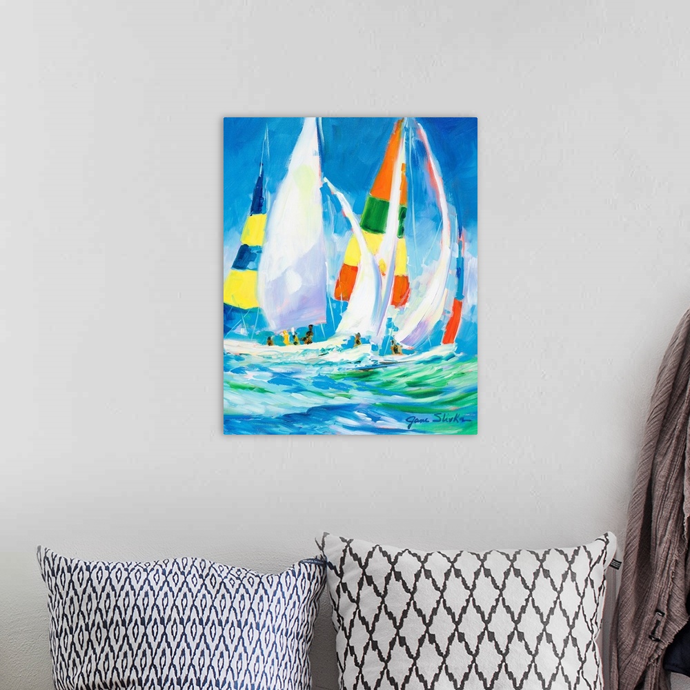 A bohemian room featuring Contemporary art painting of sailboats riding the water waves with their colorful sails catching ...