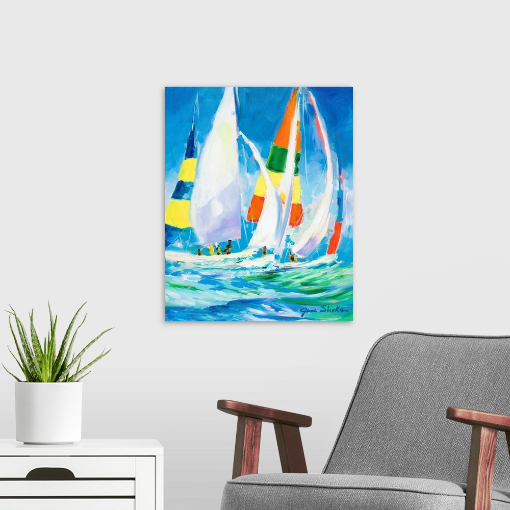 A modern room featuring Contemporary art painting of sailboats riding the water waves with their colorful sails catching ...