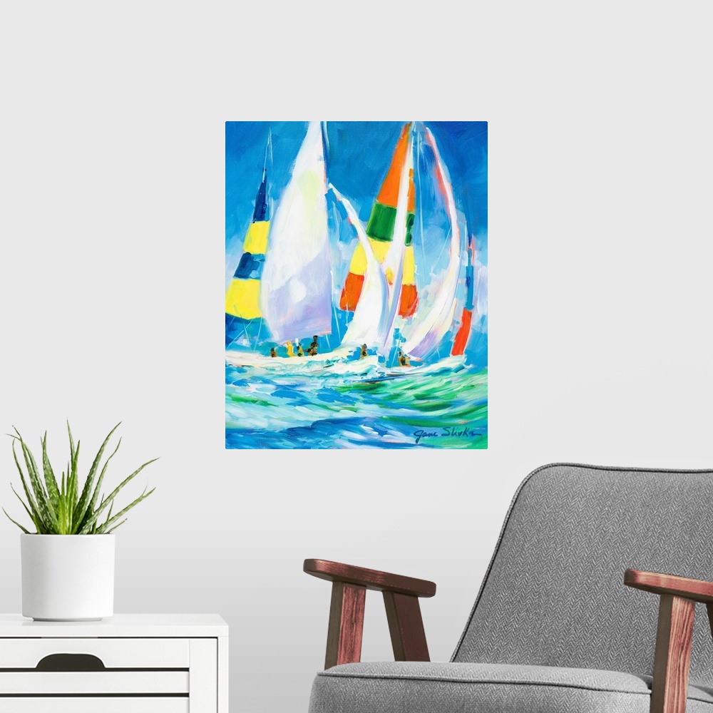 A modern room featuring Contemporary art painting of sailboats riding the water waves with their colorful sails catching ...