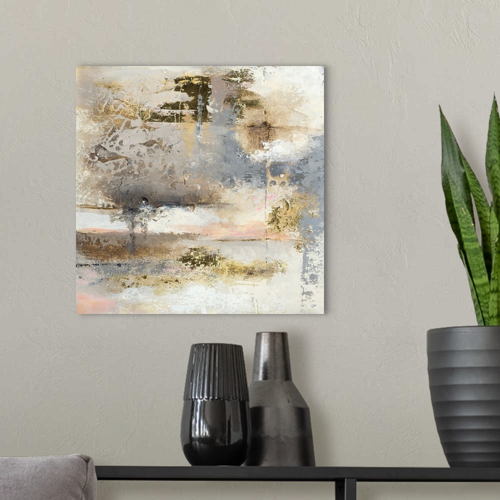 A modern room featuring Contemporary artwork featuring earthy  distressed paint that reveals rock-like textures.