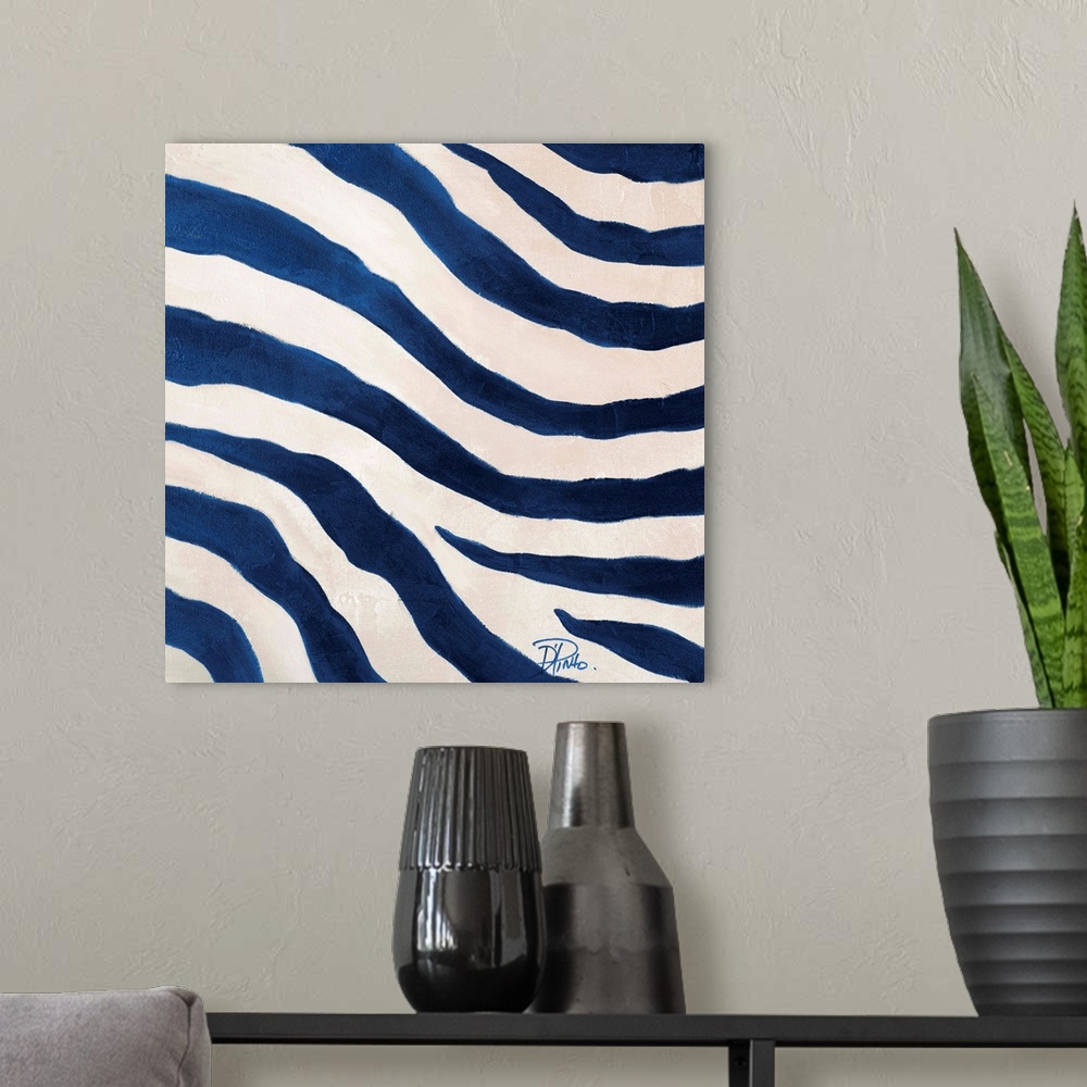 A modern room featuring Contemporary abstract painting of blue zebra stripes against white.