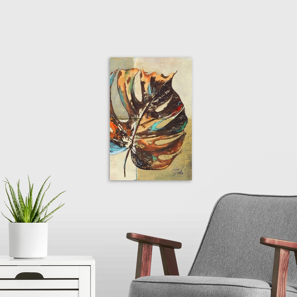 A modern room featuring A contemporary painting of a single colorful leaf with a tan squared background.