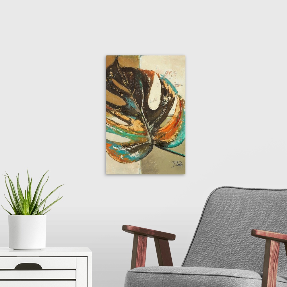 A modern room featuring A contemporary painting of a single colorful leaf with a tan squared background.