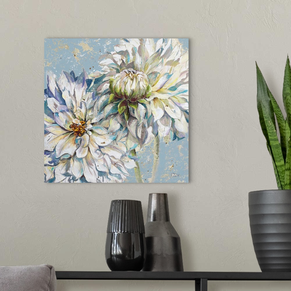 A modern room featuring A contemporary painting of two cool toned dahlias on a blue and tan background.