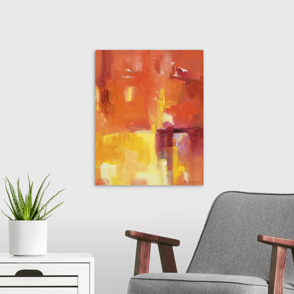 A modern room featuring Fiery abstract artwork in bright orange and red tones.