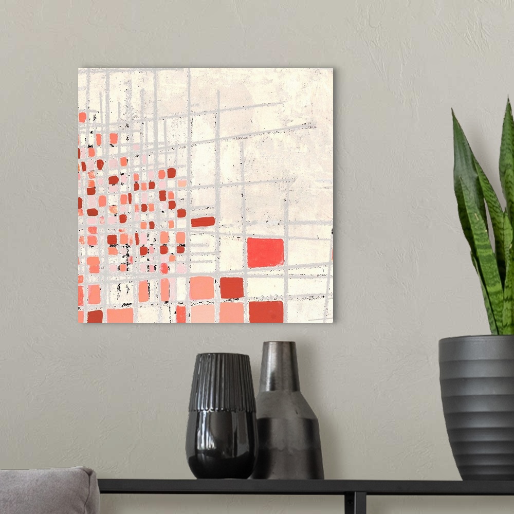 A modern room featuring Abstract artwork made of intersecting horizontal and vertical lines with pink squares.