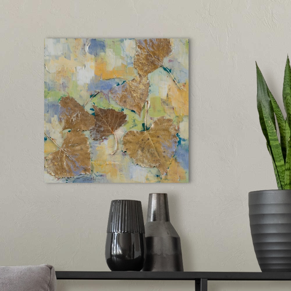 A modern room featuring Contemporary painting with several brown leaves surrounded by abstract color.