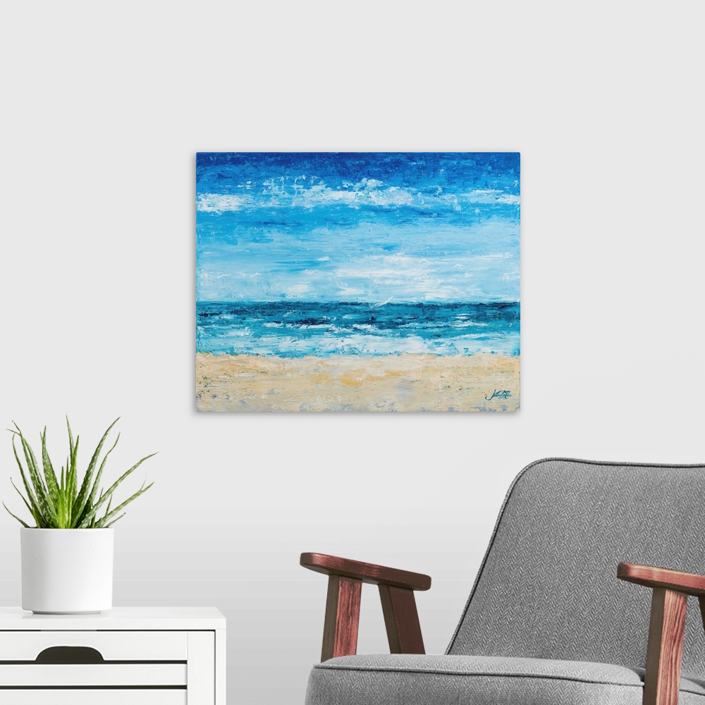 A modern room featuring A contemporary abstract painting of the beach with bright blue tones.
