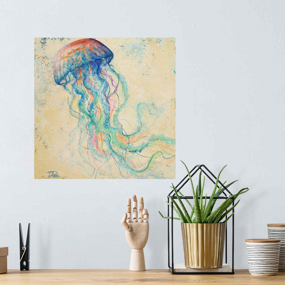 A bohemian room featuring Contemporary painting of a whimsical looking jellyfish against a cream background.