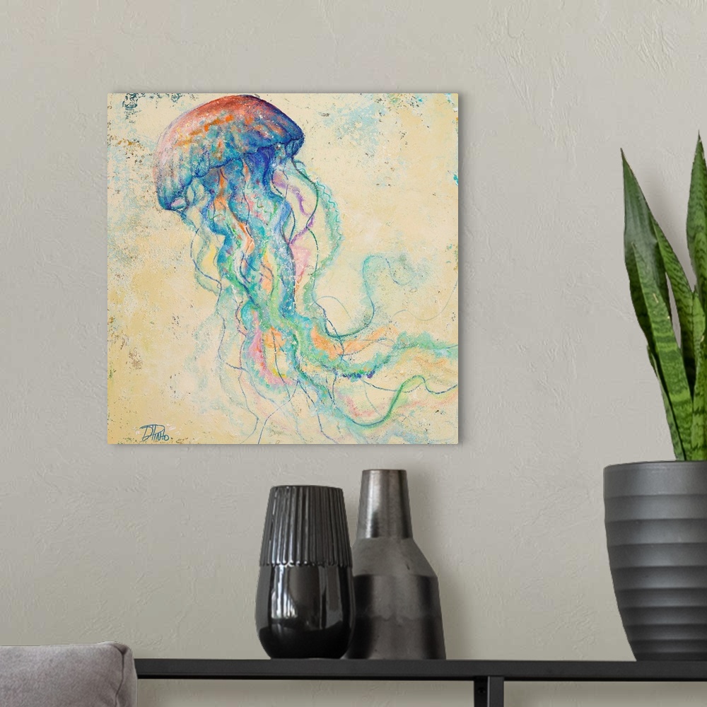 A modern room featuring Contemporary painting of a whimsical looking jellyfish against a cream background.