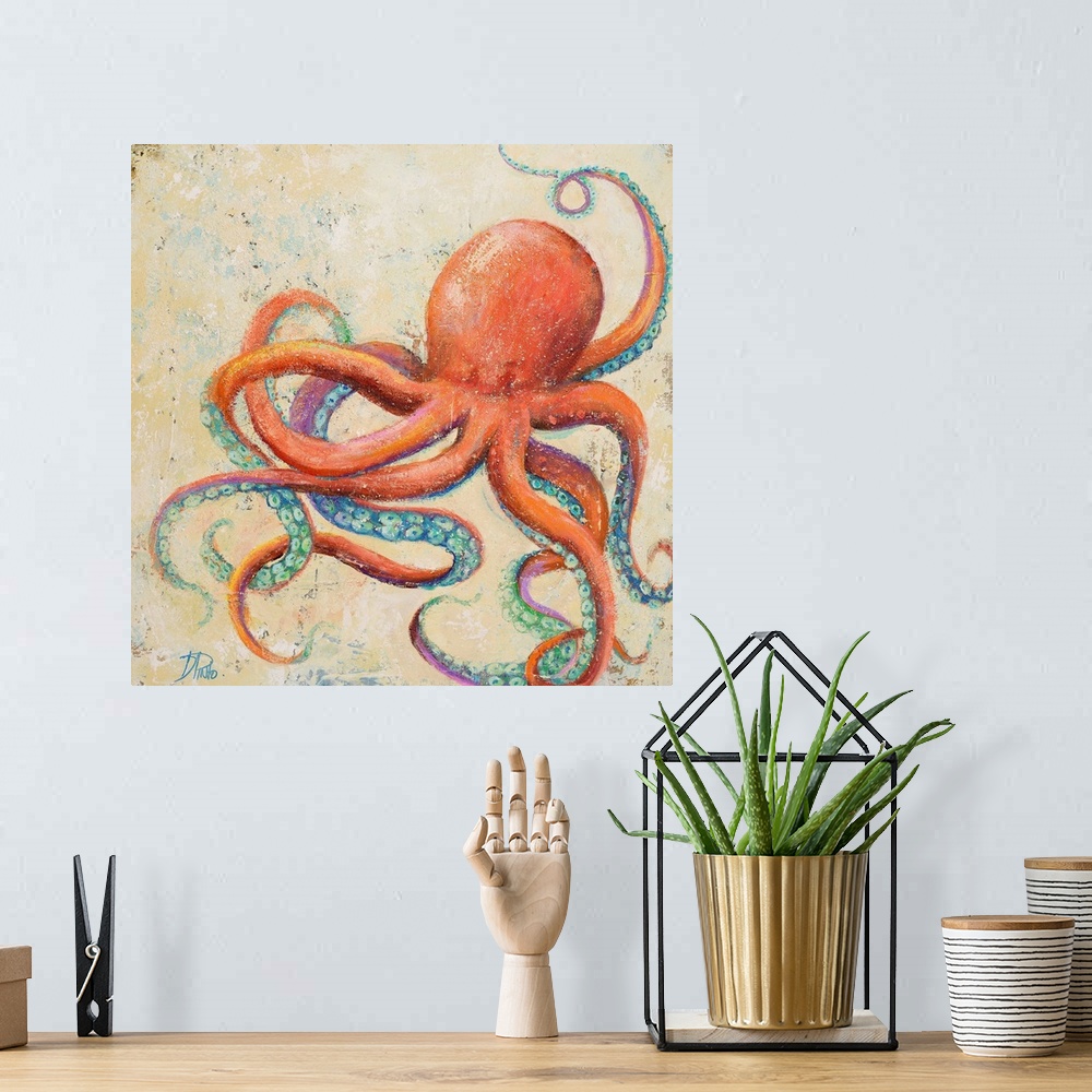 A bohemian room featuring Contemporary painting of a whimsical looking octopus against a cream background.