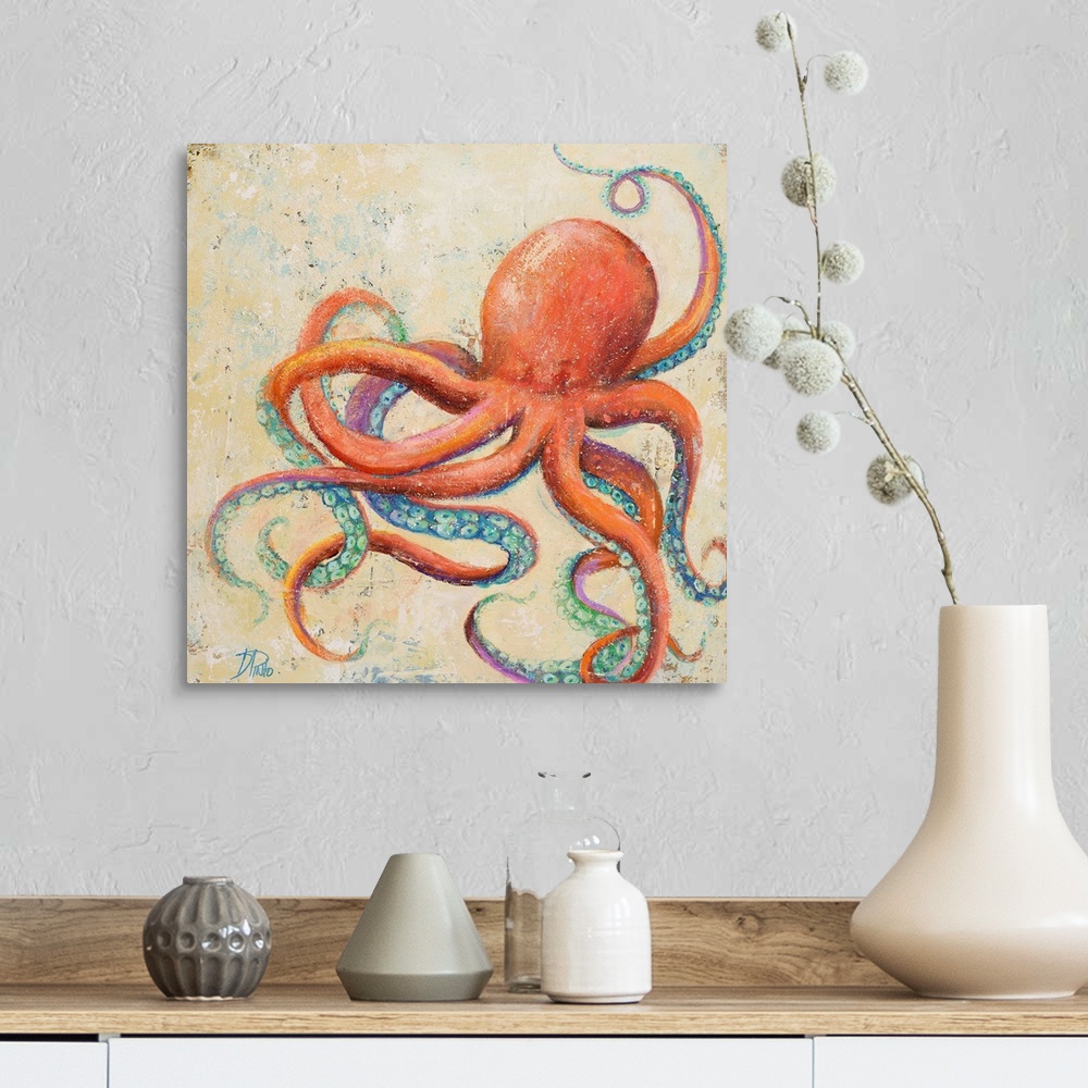 A farmhouse room featuring Contemporary painting of a whimsical looking octopus against a cream background.