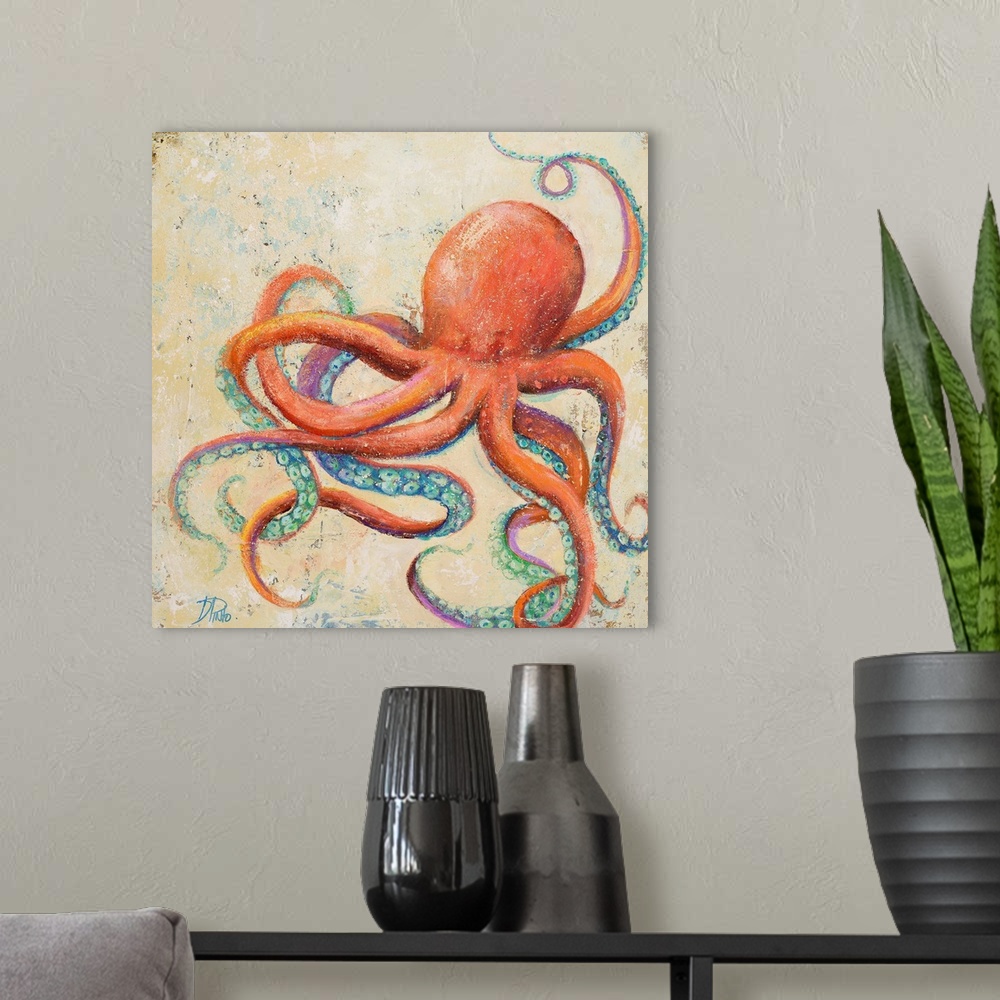 A modern room featuring Contemporary painting of a whimsical looking octopus against a cream background.
