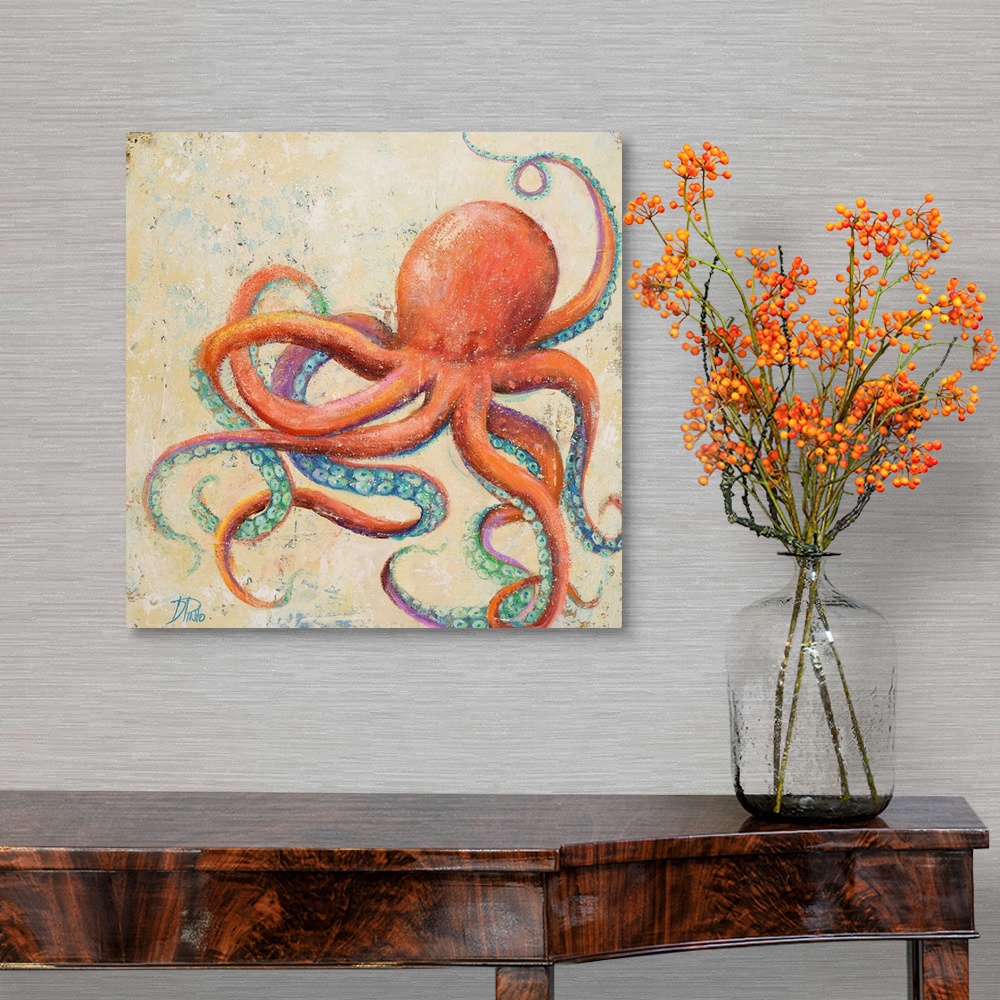 A traditional room featuring Contemporary painting of a whimsical looking octopus against a cream background.