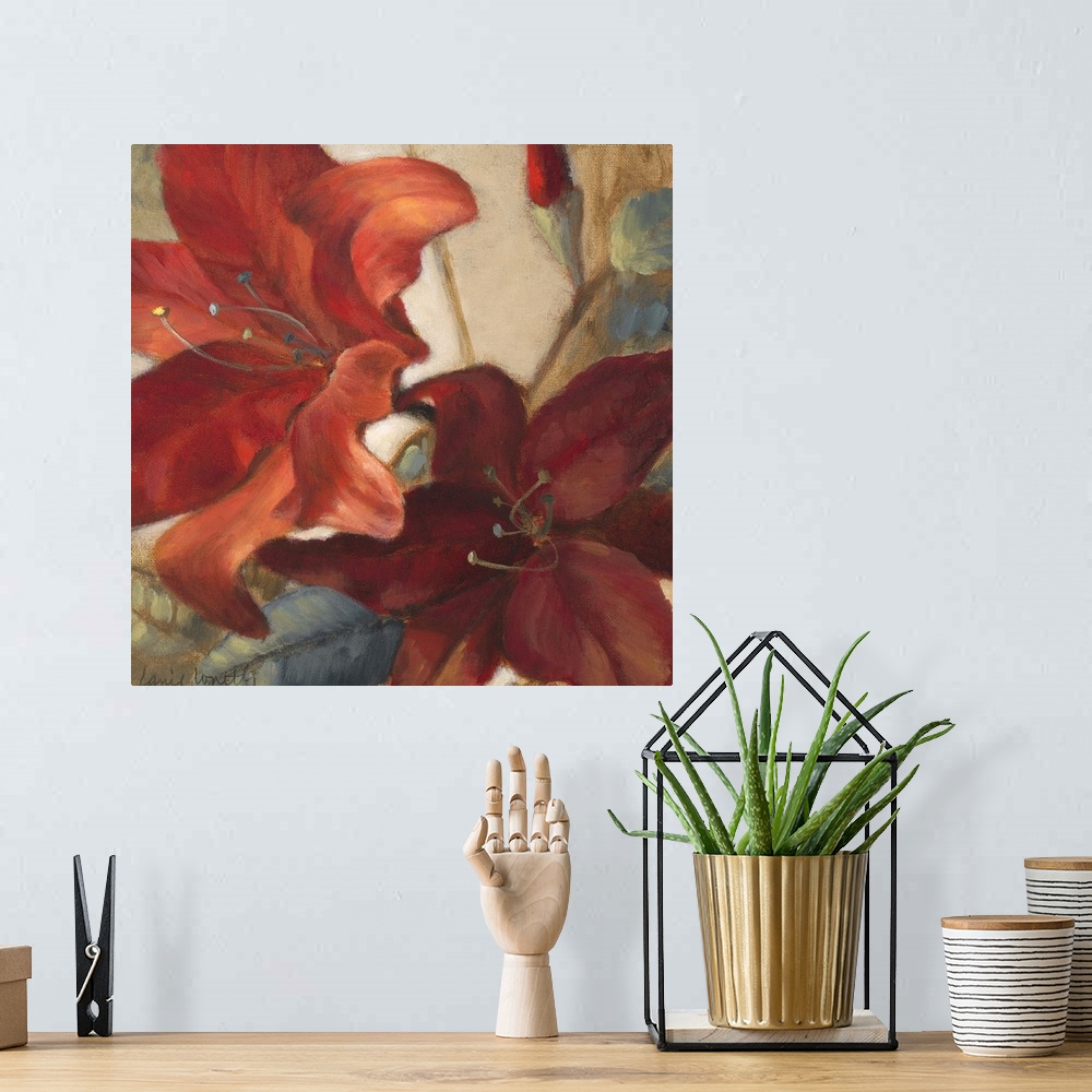 A bohemian room featuring Docor perfect for the home of two large red flowers drawn against a mostly neutral background.