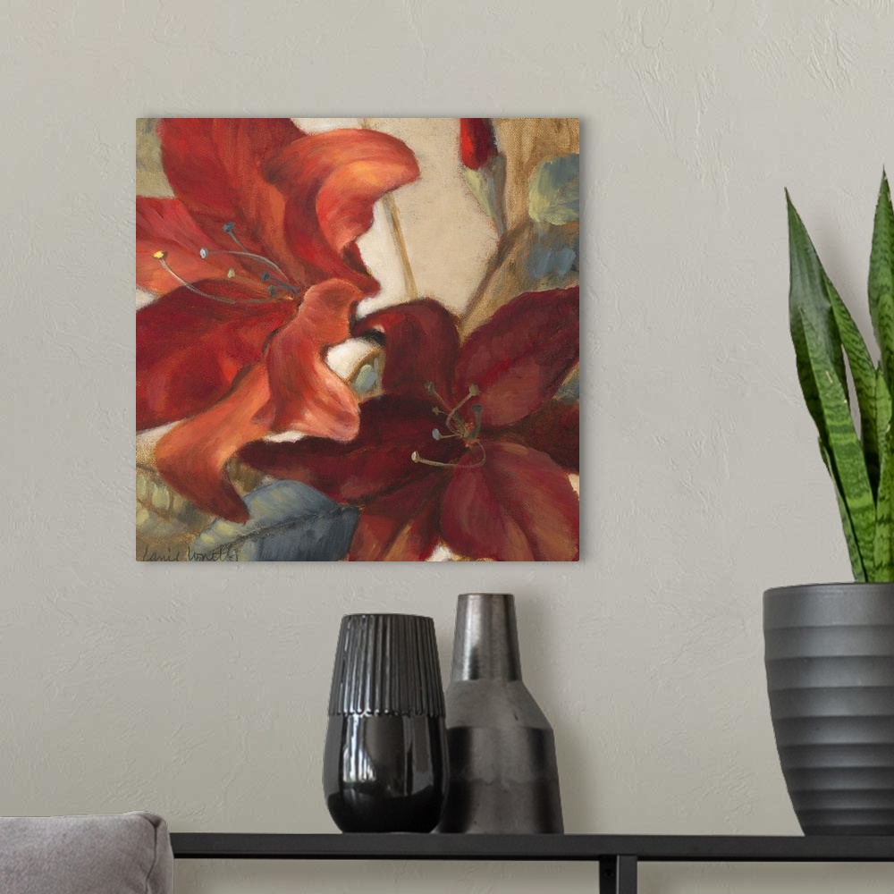 A modern room featuring Docor perfect for the home of two large red flowers drawn against a mostly neutral background.