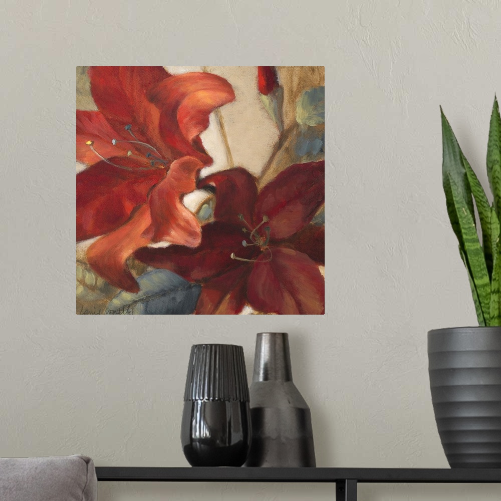A modern room featuring Docor perfect for the home of two large red flowers drawn against a mostly neutral background.