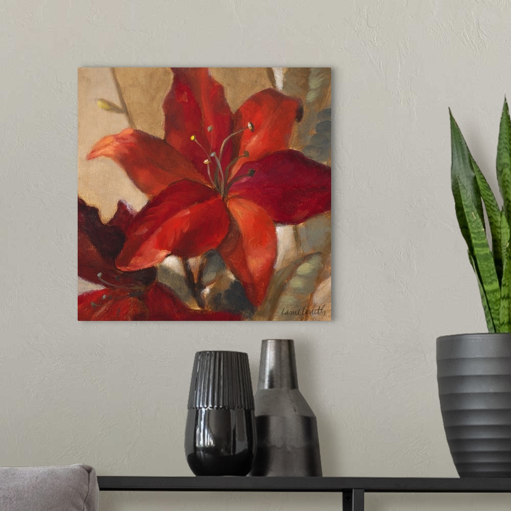 A modern room featuring Giant square floral painting of two deep red lilies on a background of golden earth tones.