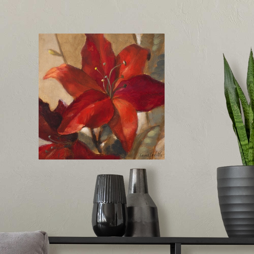 A modern room featuring Giant square floral painting of two deep red lilies on a background of golden earth tones.