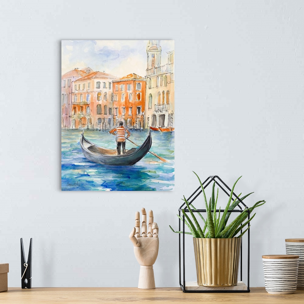 A bohemian room featuring Contemporary watercolor painting of a gondola on a canal surrounded by warm colored buildings.