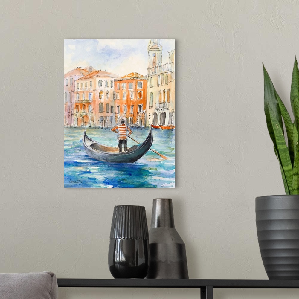 A modern room featuring Contemporary watercolor painting of a gondola on a canal surrounded by warm colored buildings.