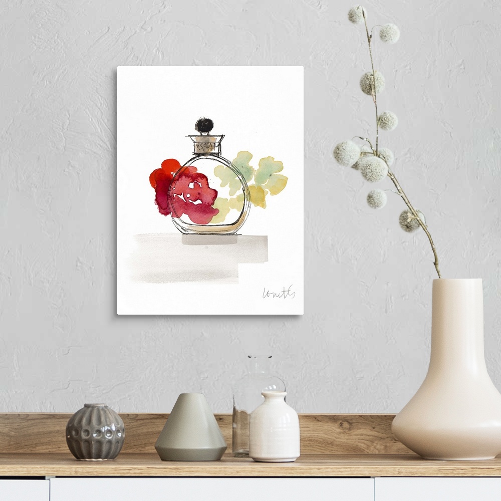 A farmhouse room featuring Watercolor painting of a perfume bottle with colorful flowers in the background.