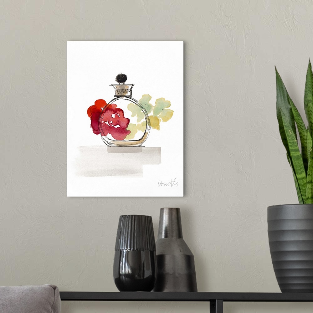 A modern room featuring Watercolor painting of a perfume bottle with colorful flowers in the background.