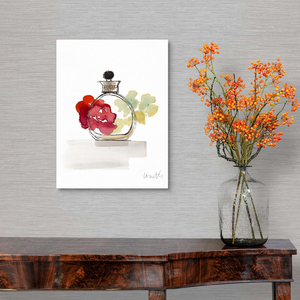 A traditional room featuring Watercolor painting of a perfume bottle with colorful flowers in the background.