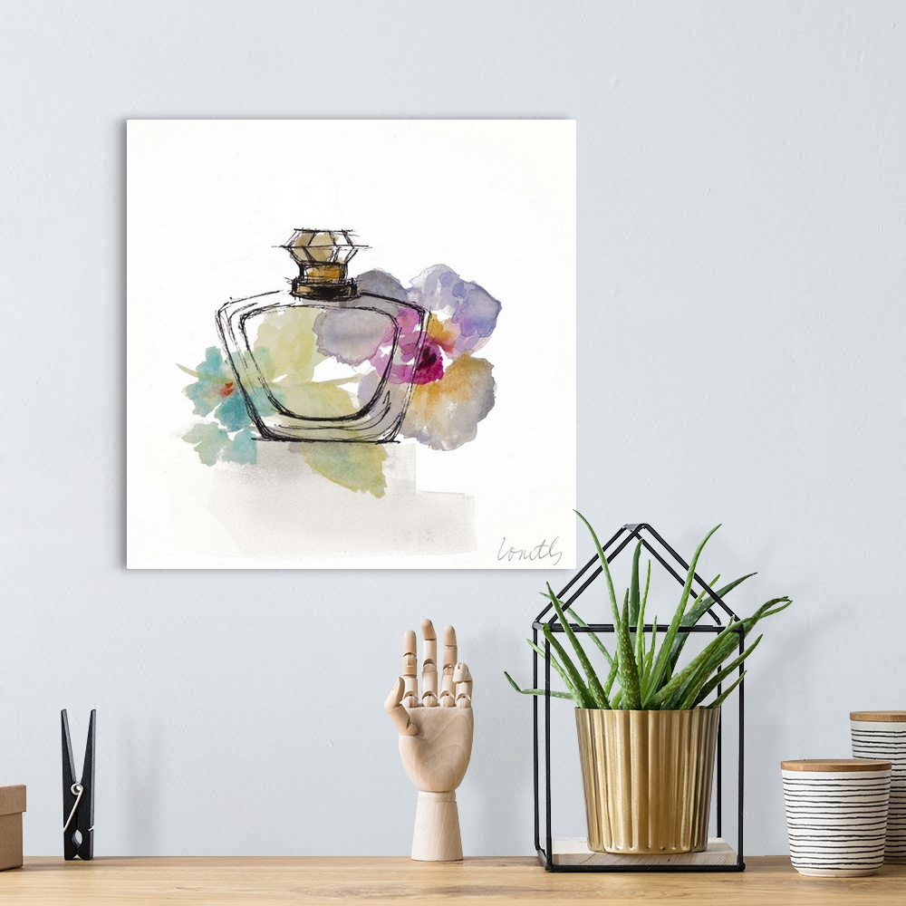 A bohemian room featuring Watercolor painting of a perfume bottle with colorful flowers in the background.