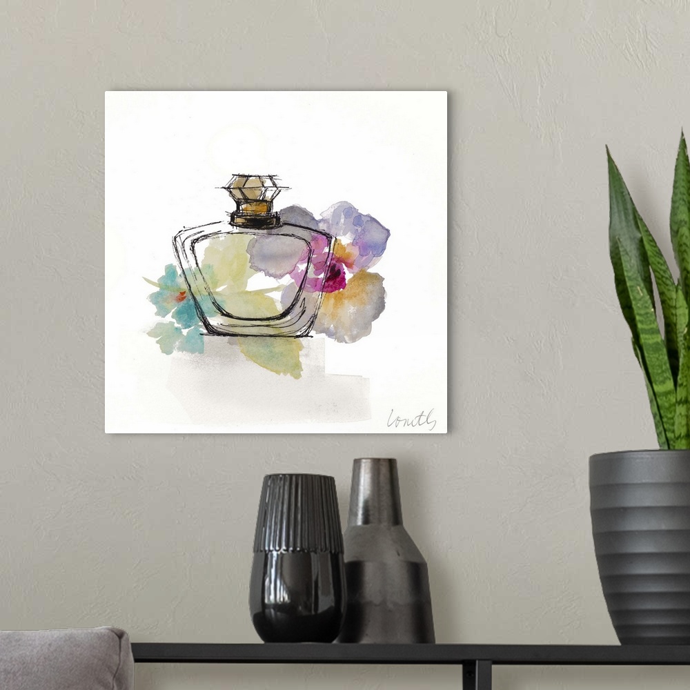 A modern room featuring Watercolor painting of a perfume bottle with colorful flowers in the background.