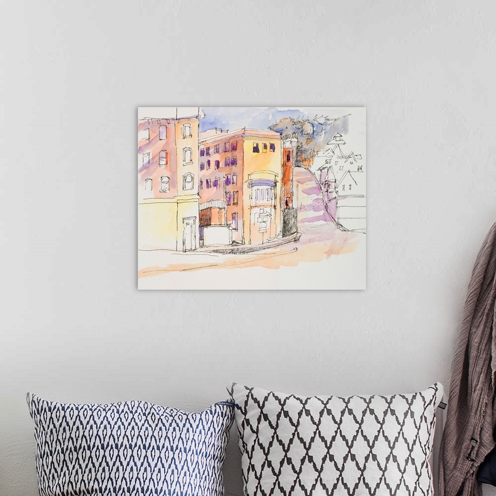 A bohemian room featuring Watercolor and ink painting of a street corner.