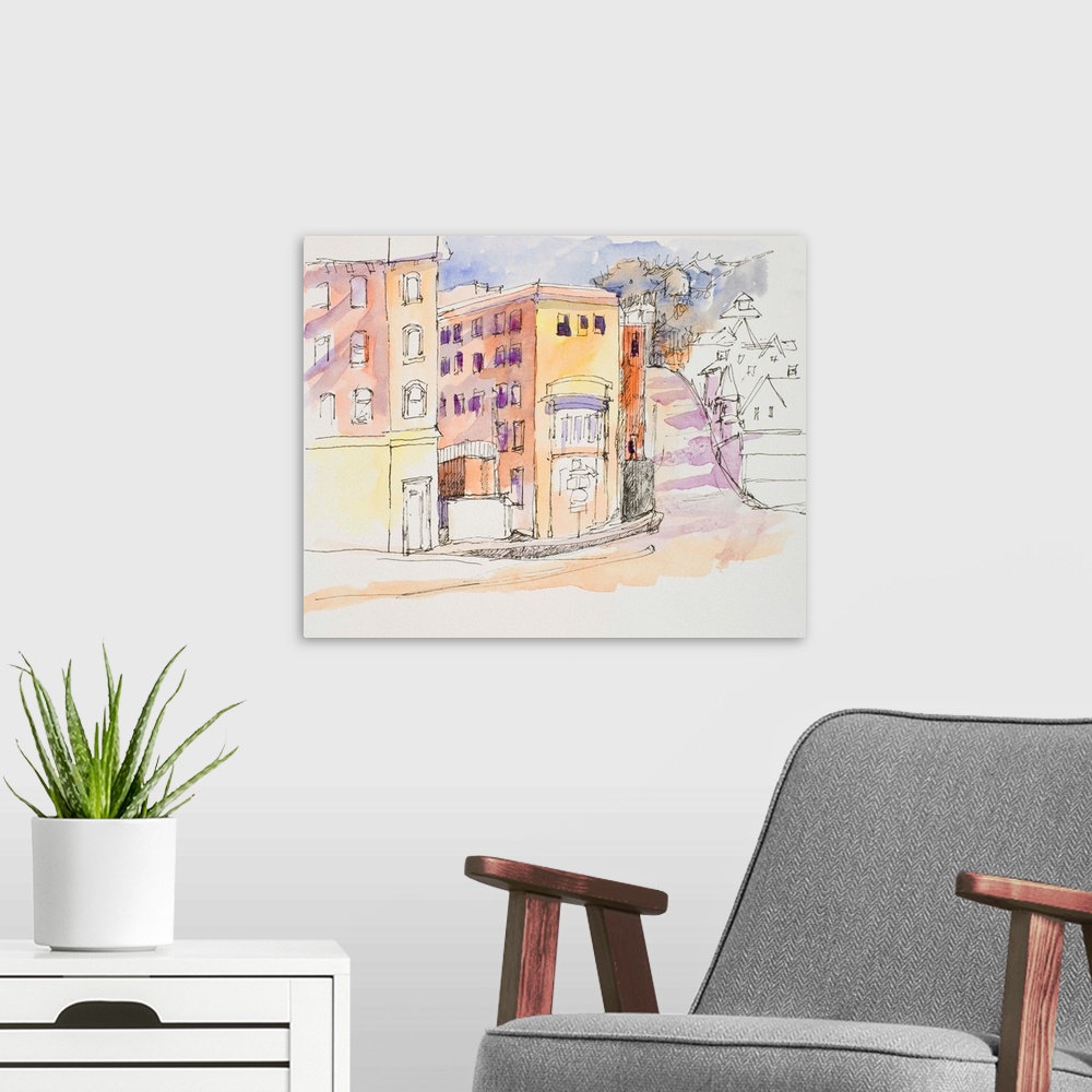 A modern room featuring Watercolor and ink painting of a street corner.