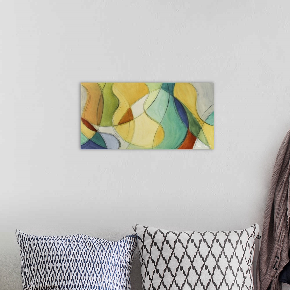 A bohemian room featuring Abstract contemporary artwork in of swirling intersected shapes in a variety of colors.