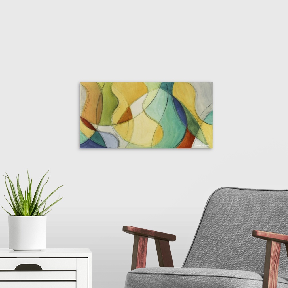 A modern room featuring Abstract contemporary artwork in of swirling intersected shapes in a variety of colors.
