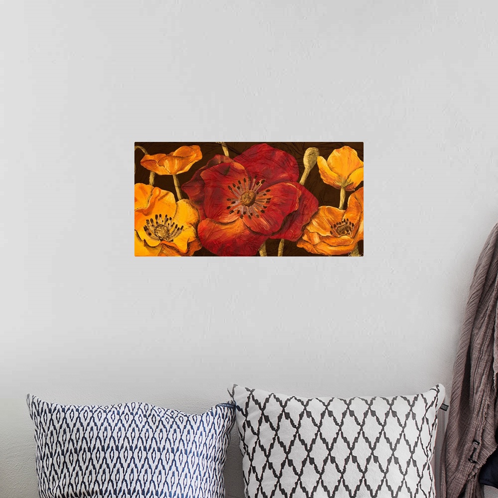 A bohemian room featuring Panoramic contemporary art depicts a group of poppy flowers and buds sitting against a earth tone...