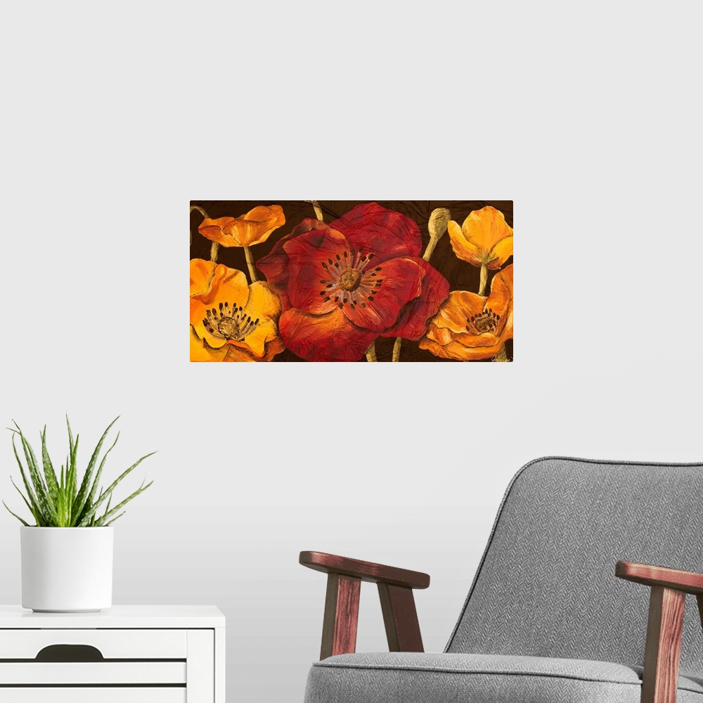A modern room featuring Panoramic contemporary art depicts a group of poppy flowers and buds sitting against a earth tone...