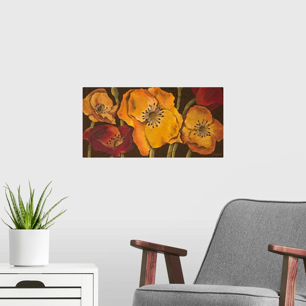 A modern room featuring Panoramic artwork of blooming poppy flowers and stems in vibrant tones against a dark background.