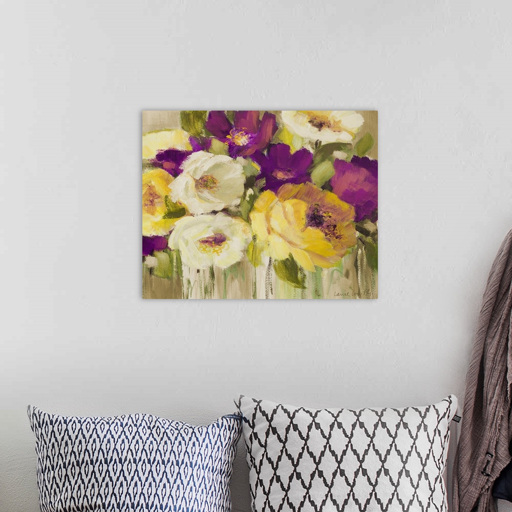 A bohemian room featuring Horizontal floral painting on a large wall hanging of a bouquet of colorful flowers and leaves, o...