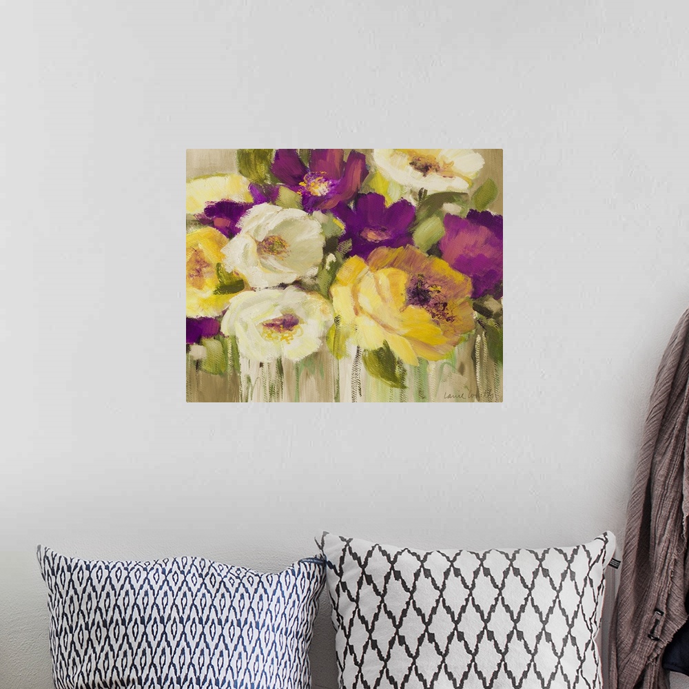 A bohemian room featuring Horizontal floral painting on a large wall hanging of a bouquet of colorful flowers and leaves, o...