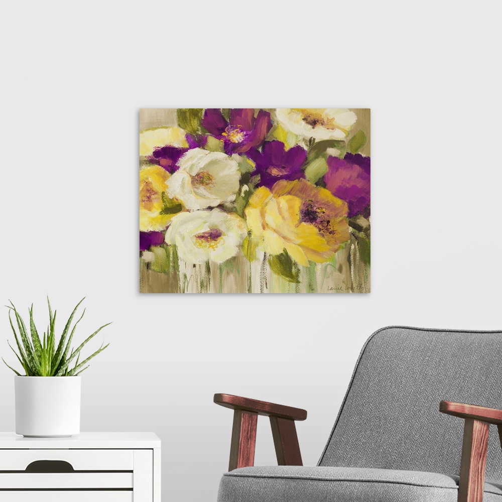 A modern room featuring Horizontal floral painting on a large wall hanging of a bouquet of colorful flowers and leaves, o...