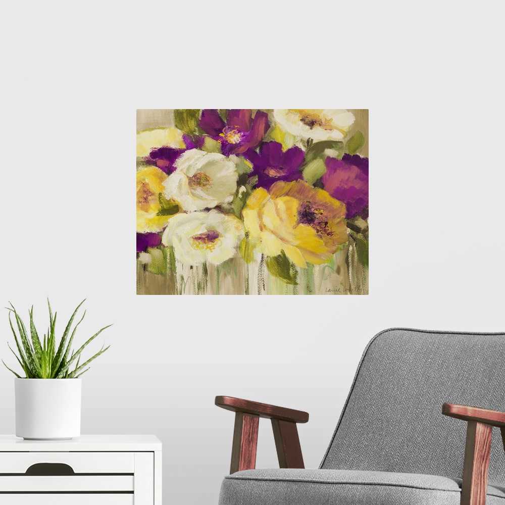 A modern room featuring Horizontal floral painting on a large wall hanging of a bouquet of colorful flowers and leaves, o...