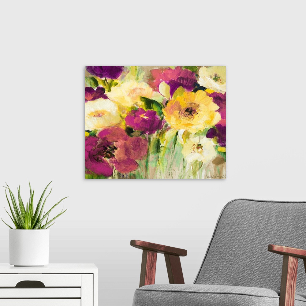 A modern room featuring Big floral art shows an arrangement of vibrantly colored flowers.  Artist uses a lot of short bru...