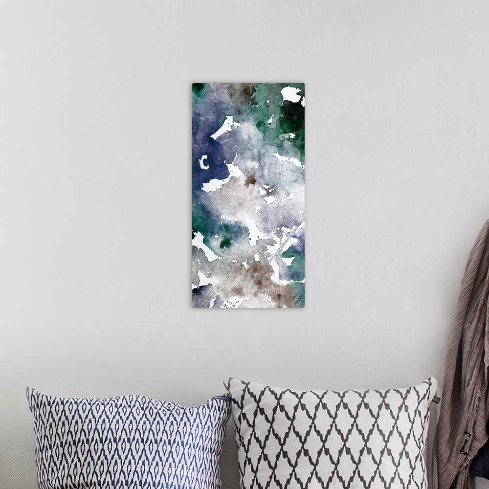 A bohemian room featuring Watercolor droplets mimic the deep colors and current of the ocean.