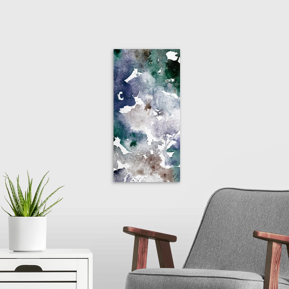 A modern room featuring Watercolor droplets mimic the deep colors and current of the ocean.