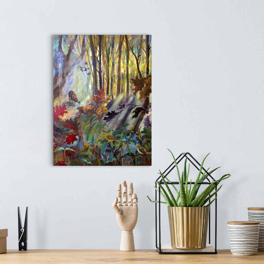 A bohemian room featuring Contemporary painting of a deer in a shaded forest, drinking from a creek.