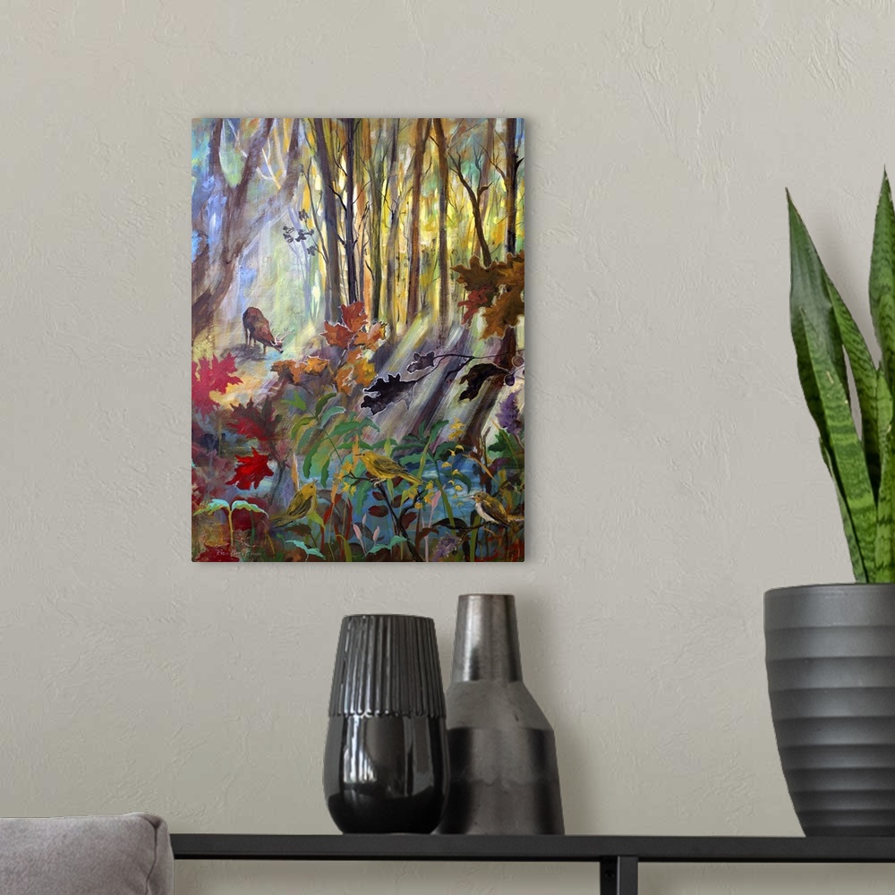 A modern room featuring Contemporary painting of a deer in a shaded forest, drinking from a creek.