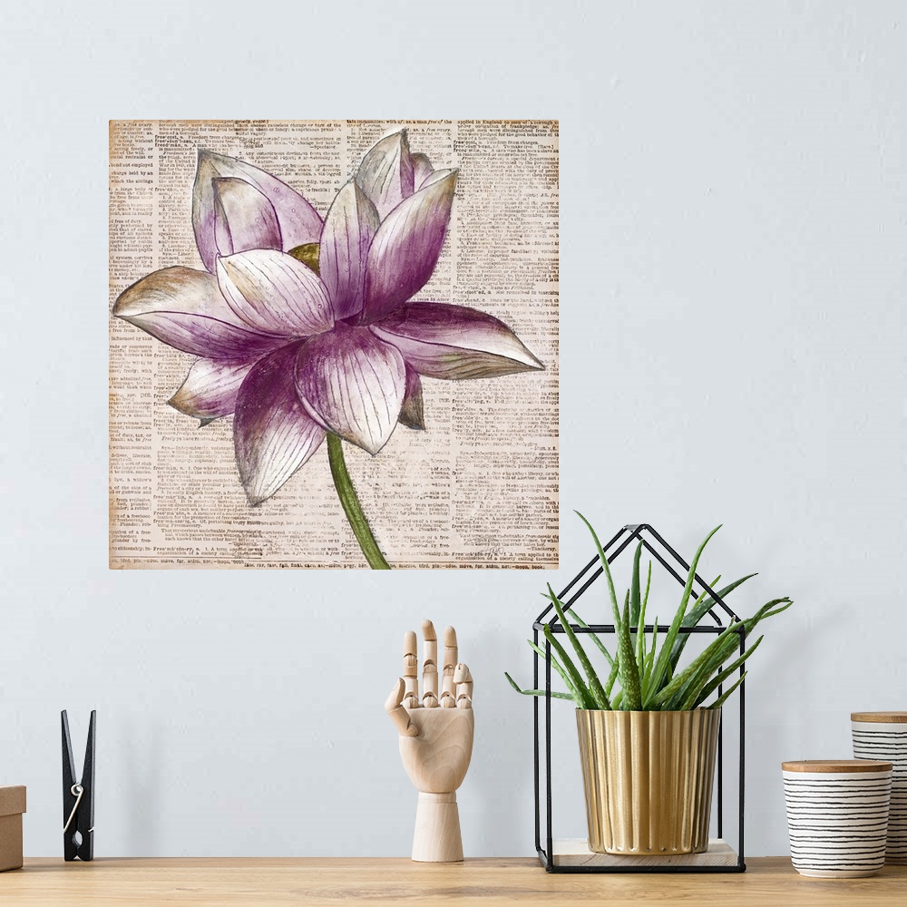 A bohemian room featuring Square artwork of a white and purple lotus flower floating over bible text.
