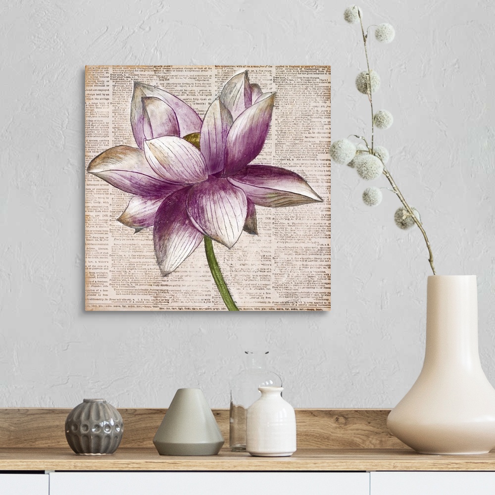 A farmhouse room featuring Square artwork of a white and purple lotus flower floating over bible text.